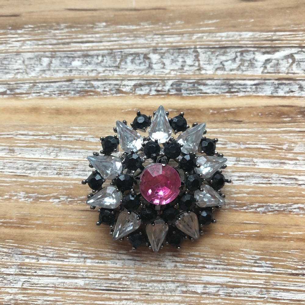 Black & Pink Rhinestone Brooch